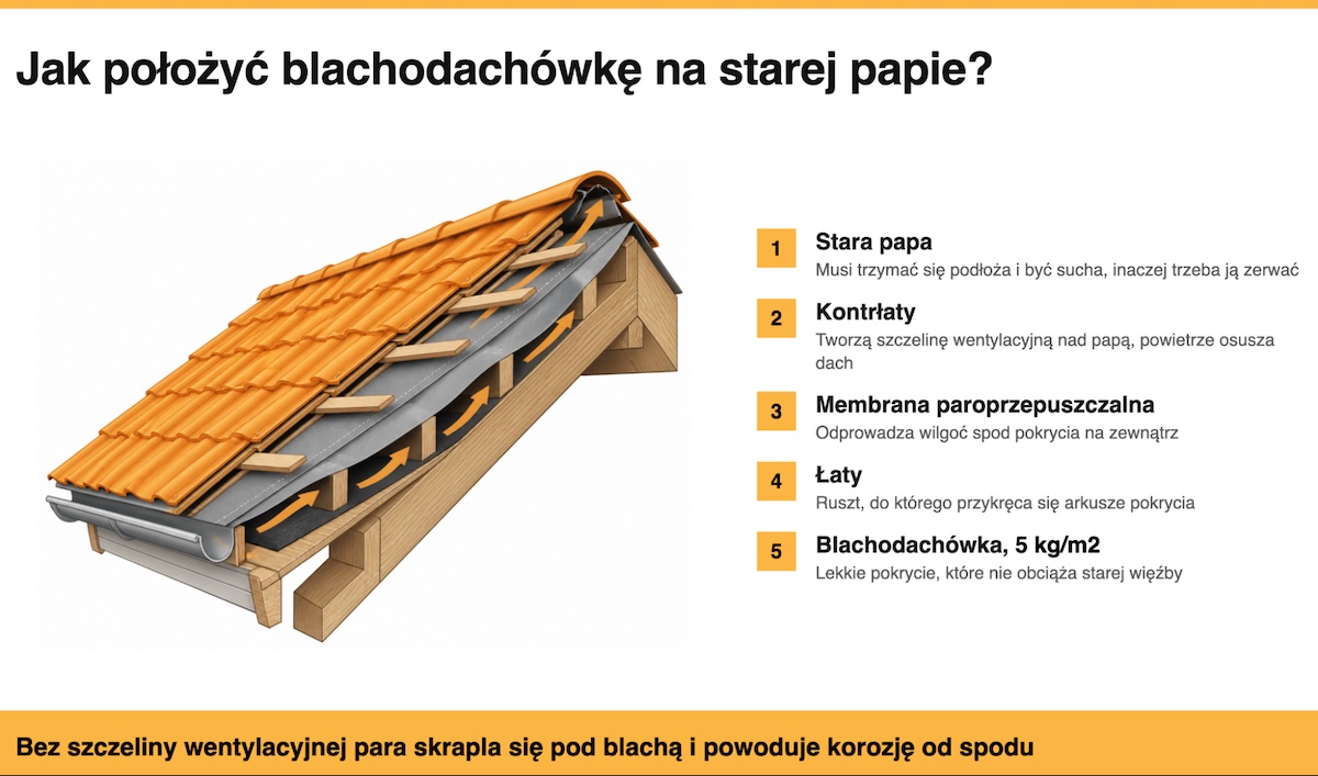 Jak położyć blachodachówkę na starej papie?