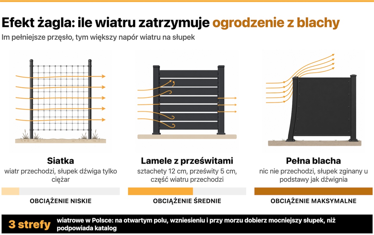 Porównanie obciążenia wiatrem słupków przy siatce, lamelach z prześwitami i pełnej blasze: od niskiego do maksymalnego