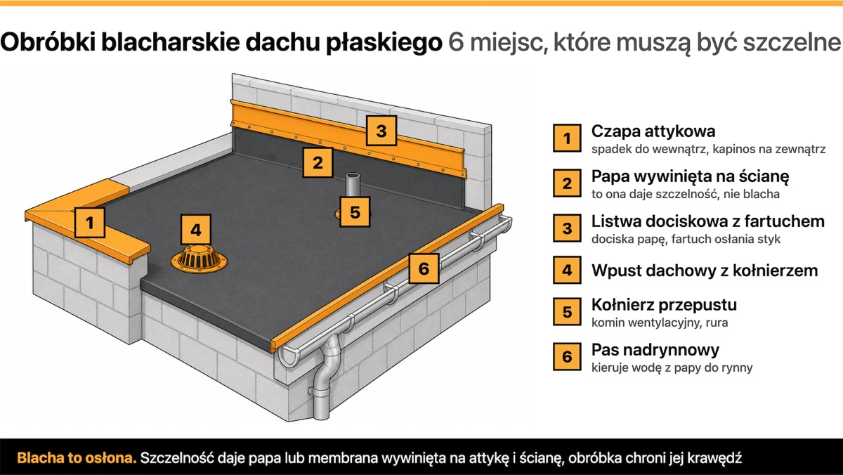 Schemat dachu płaskiego z oznaczonymi obróbkami: czapa attykowa, papa wywinięta na ścianę, listwa dociskowa, wpust dachowy, kołnierz przepustu i pas nadrynnowy