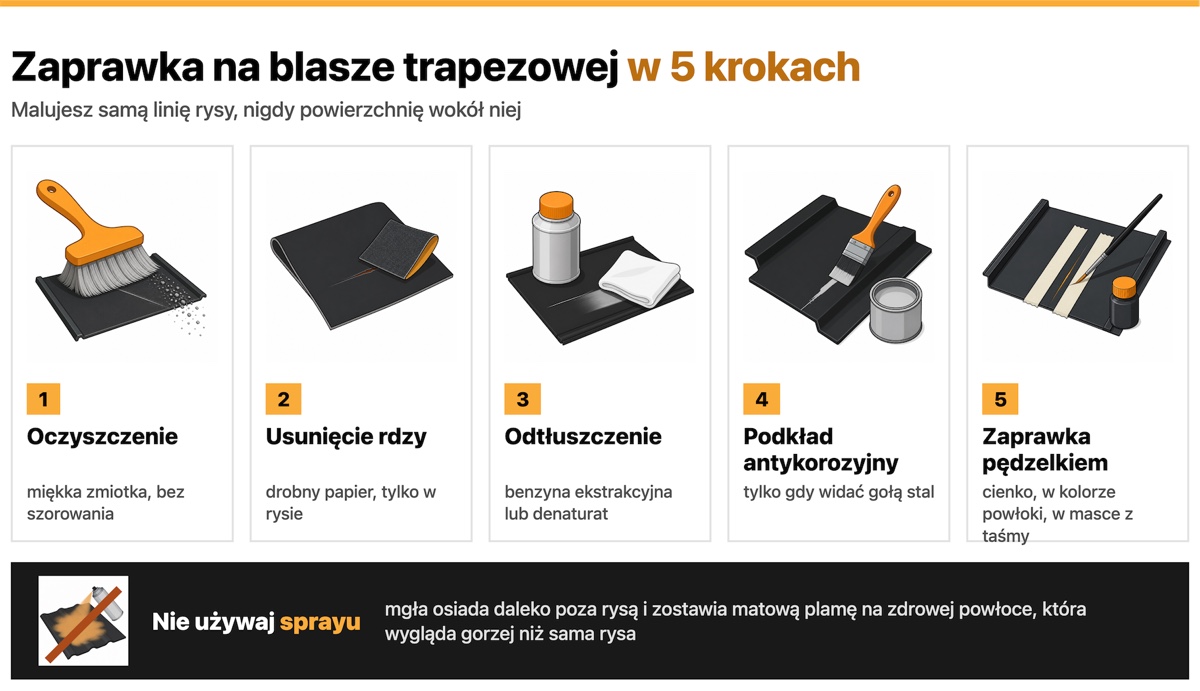 Pięć kroków zaprawki rysy na blasze trapezowej: oczyszczenie, usunięcie rdzy, odtłuszczenie, podkład antykorozyjny i malowanie pędzelkiem