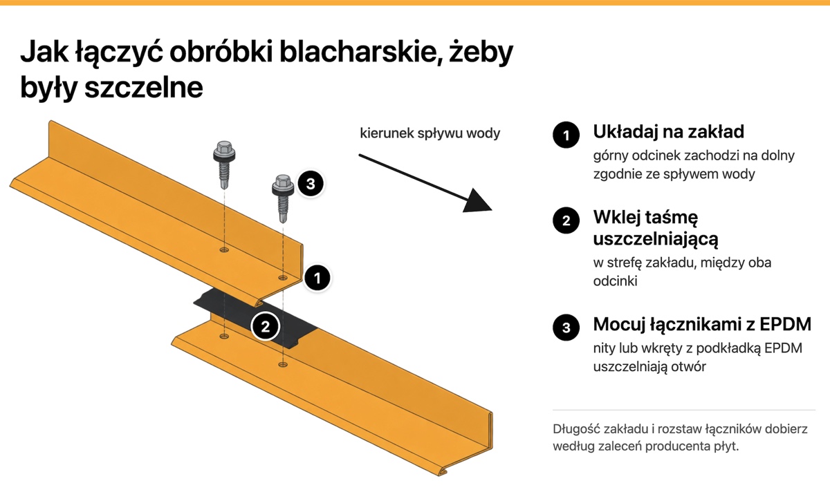 Łączenie obróbek blacharskich na zakład z taśmą uszczelniającą i wkrętami z podkładką EPDM