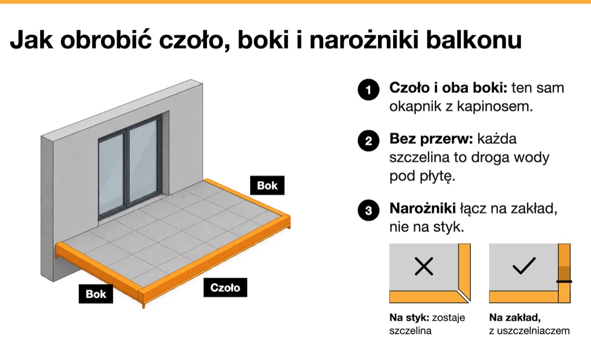 Balkon z obróbką czoła i boków oraz porównanie łączenia narożników na styk i na zakład z uszczelniaczem