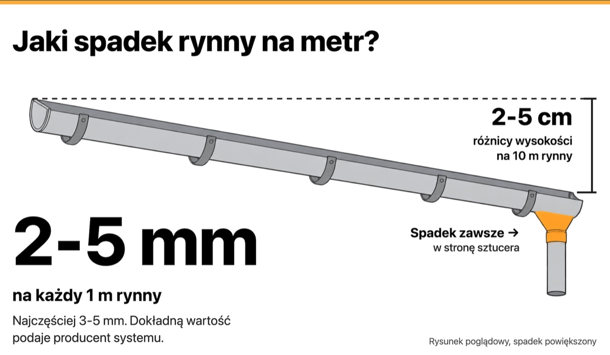 Spadek rynny 2-5 mm na metr w stronę sztucera, czyli 2-5 cm różnicy wysokości na 10 m rynny