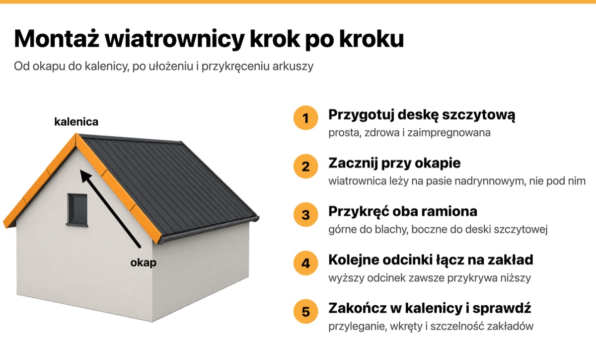Pięć kroków montażu wiatrownicy na szczycie dachu z blachy trapezowej, od okapu do kalenicy