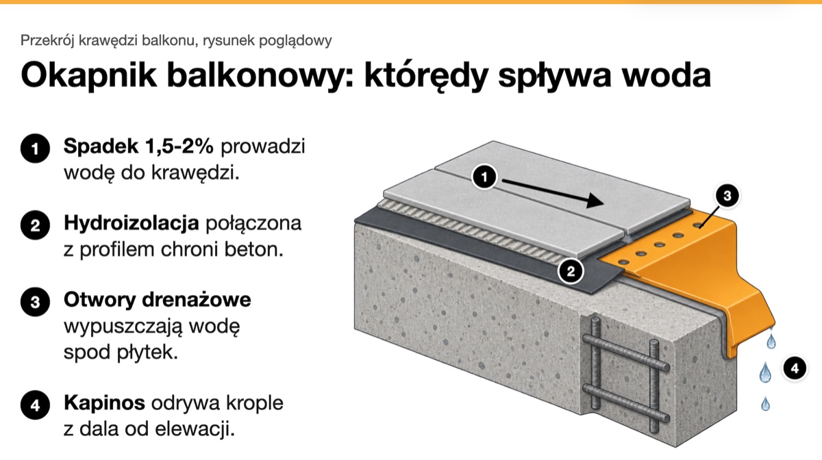 Przekrój krawędzi balkonu z okapnikiem: spadek posadzki, hydroizolacja, otwory drenażowe i kapinos odprowadzający wodę
