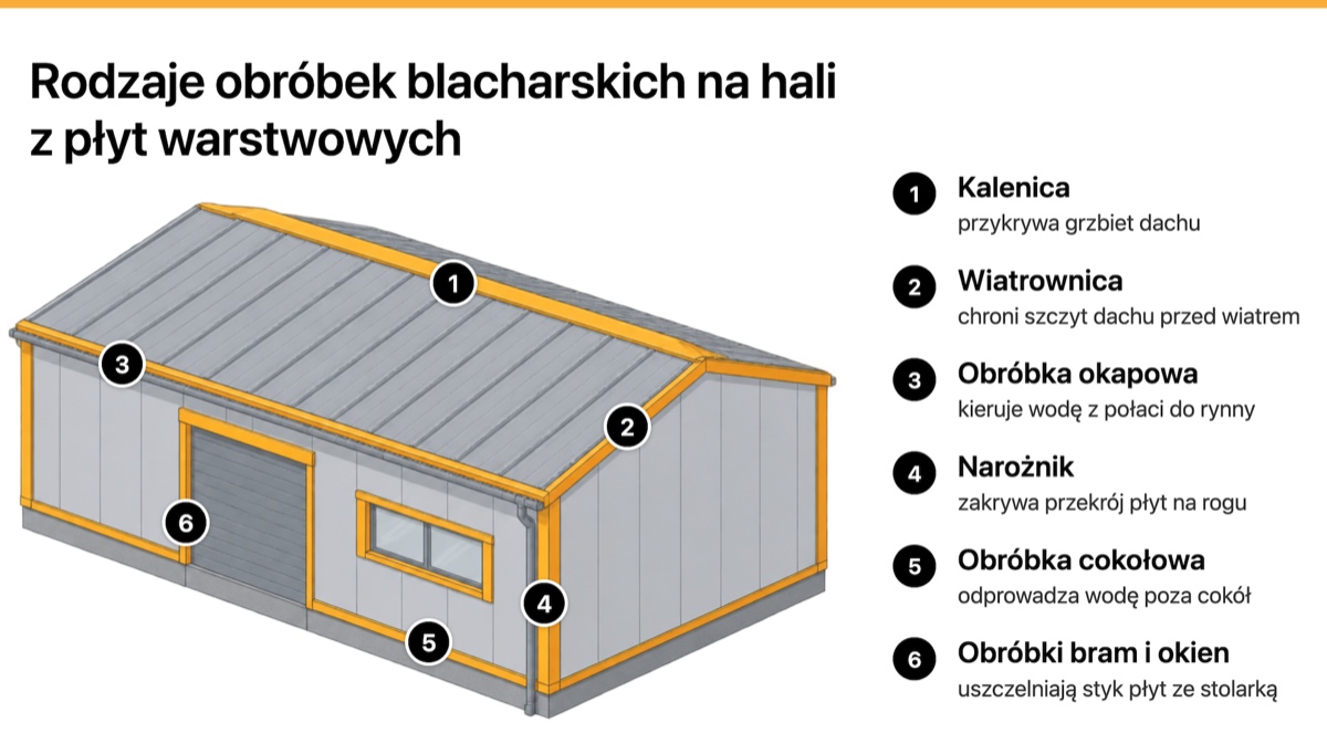 Hala z płyt warstwowych z zaznaczonymi obróbkami: kalenica, wiatrownica, okap, narożnik, cokół, obróbki bramy i okna